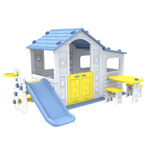 Duży Domek dla dzieci 4w1 Zjeżdżalnia Niebieski Dach CHD-508B